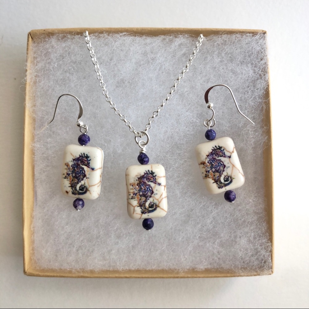 Artisan Stone Seahorse Earrings and Necklace Set - Picture 2 of 2